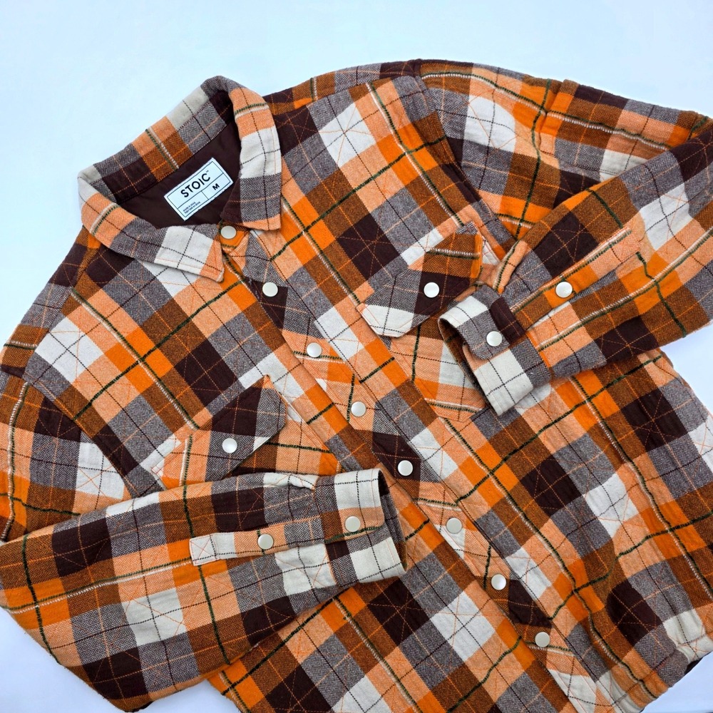 Stoic Mens Orange Brown Plaid Quilted Insulated Flannel Shirt Jacket Size M